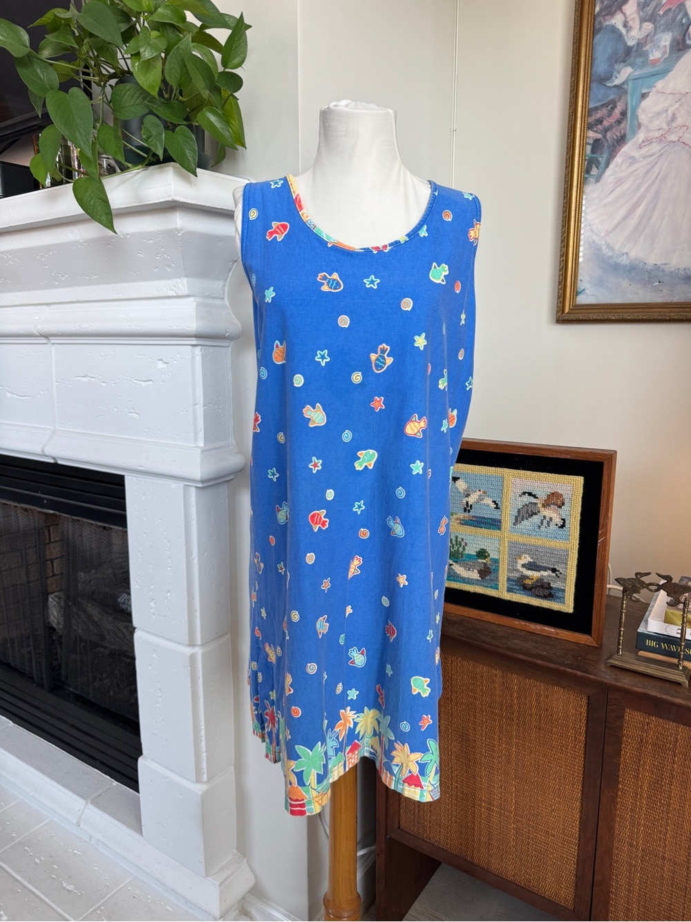 Blue Tropical Print Sleeveless Dress
